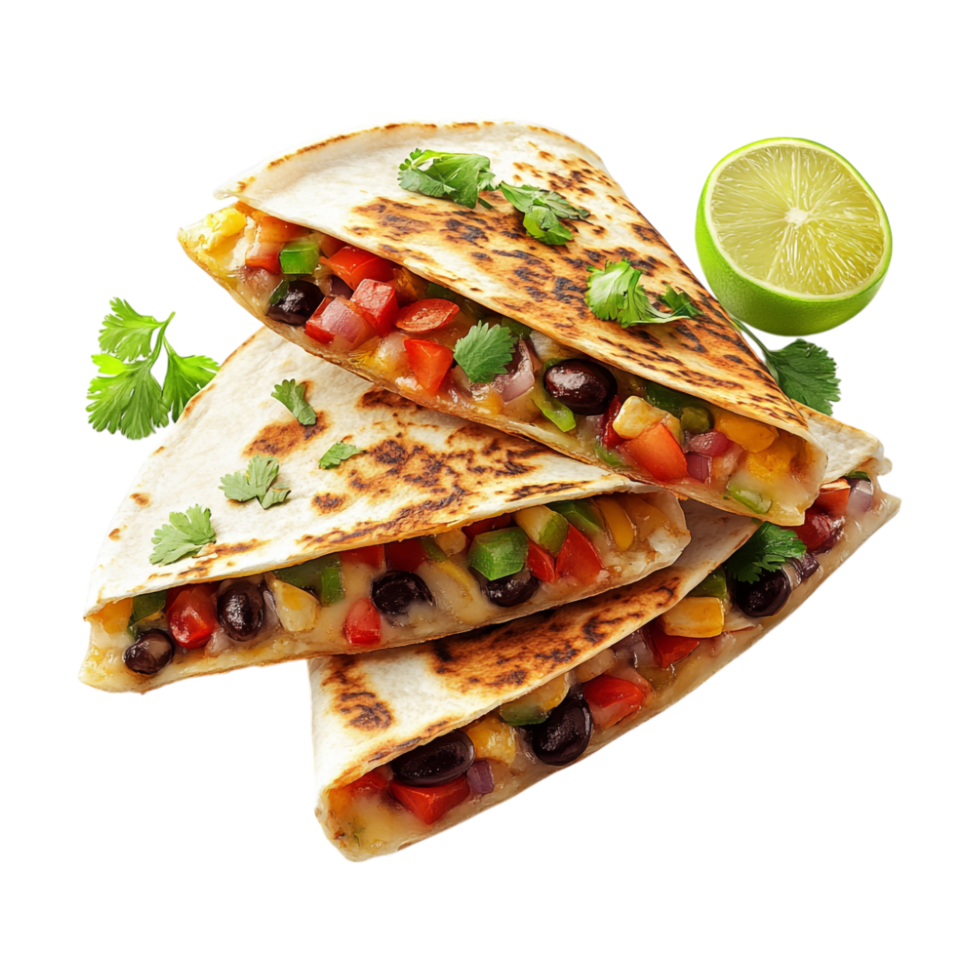 mexican quesadilla with black beans and vegetables on transparent background png