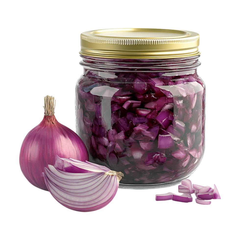 a jar of red onions and a knife png