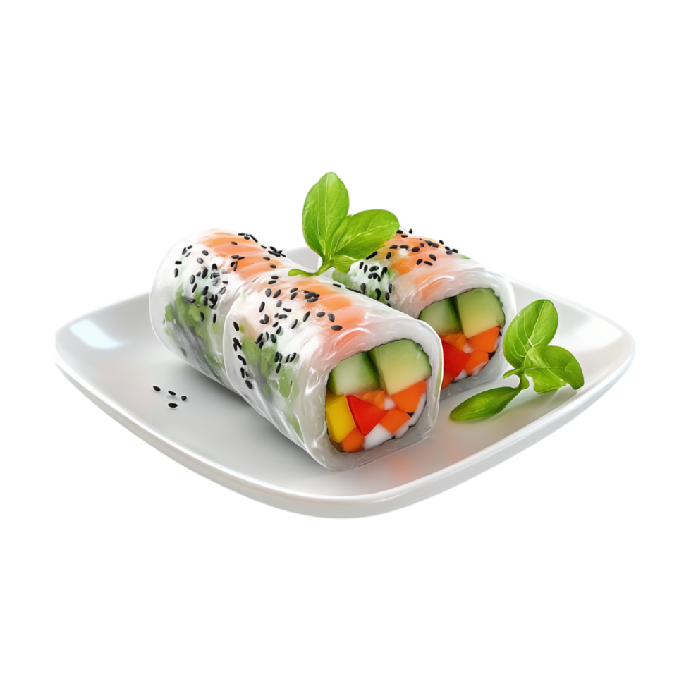 asian food roll with vegetables and sauce on white plate png