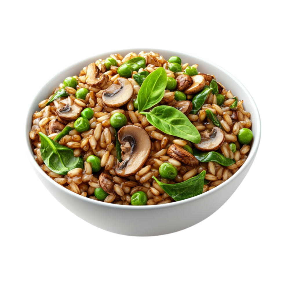 mushroom risotto in a bowl with peas and spinach on a transparent background png