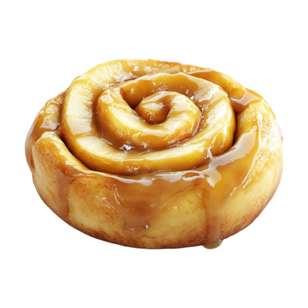 a cinnamon roll with caramel sauce on top png