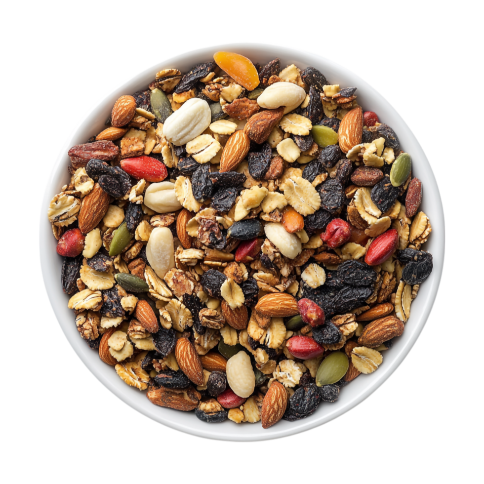 nutty mix of dried fruit and nuts in a bowl png