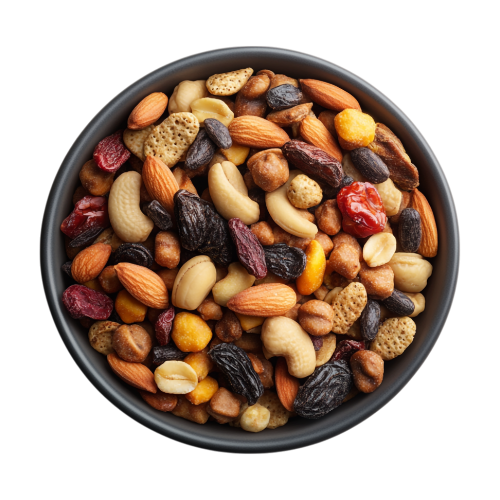 nutty mix of dried fruit and nuts in a bowl on a transparent background png