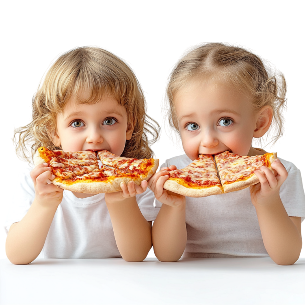 two little girls eating pizza on a transparent background png