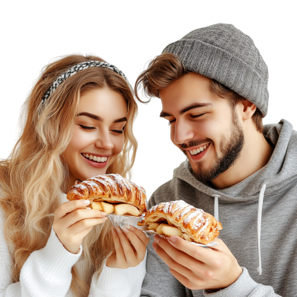 couple eating croissants on transparent background png