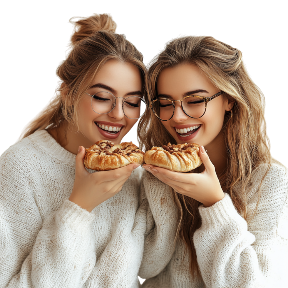 two women in sweaters eating pastries png
