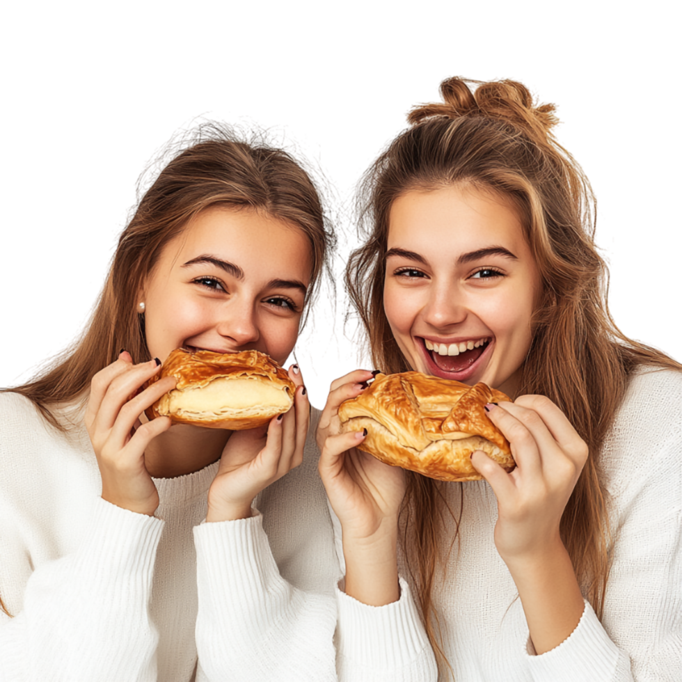 two young women eating pastries on a transparent background png