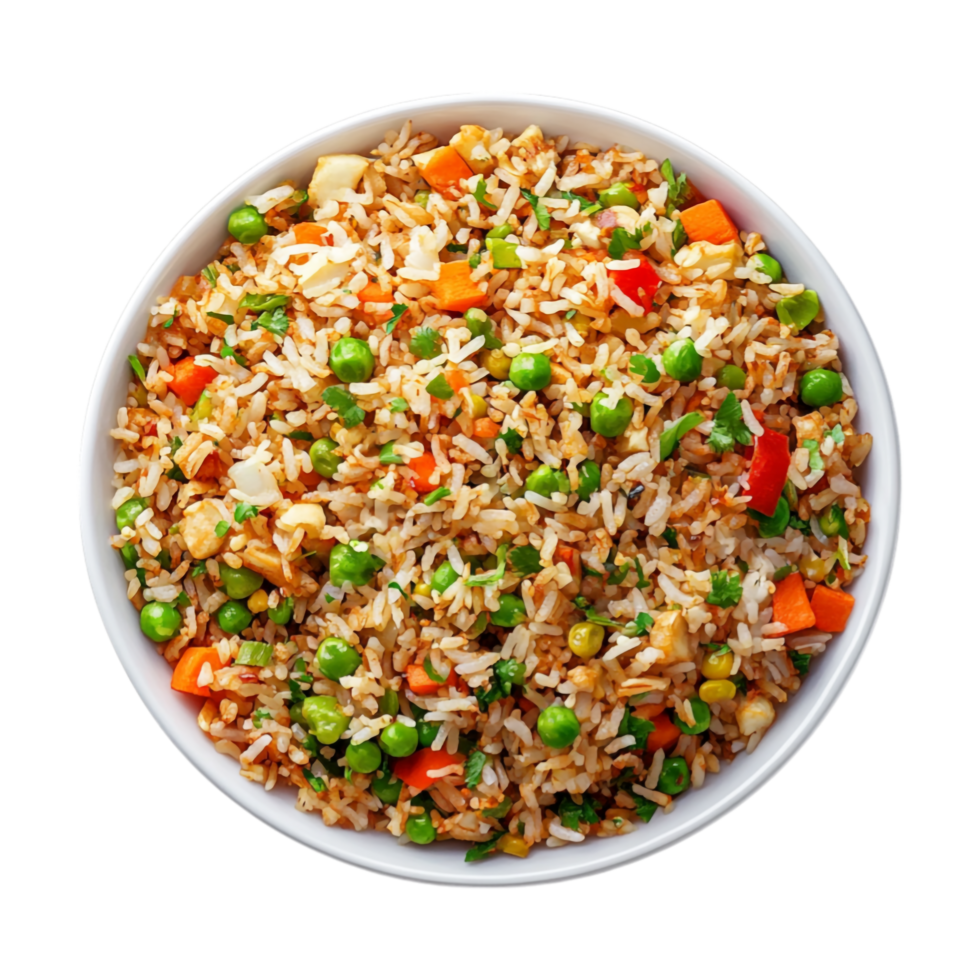 fried rice with vegetables and peas on a white plate png