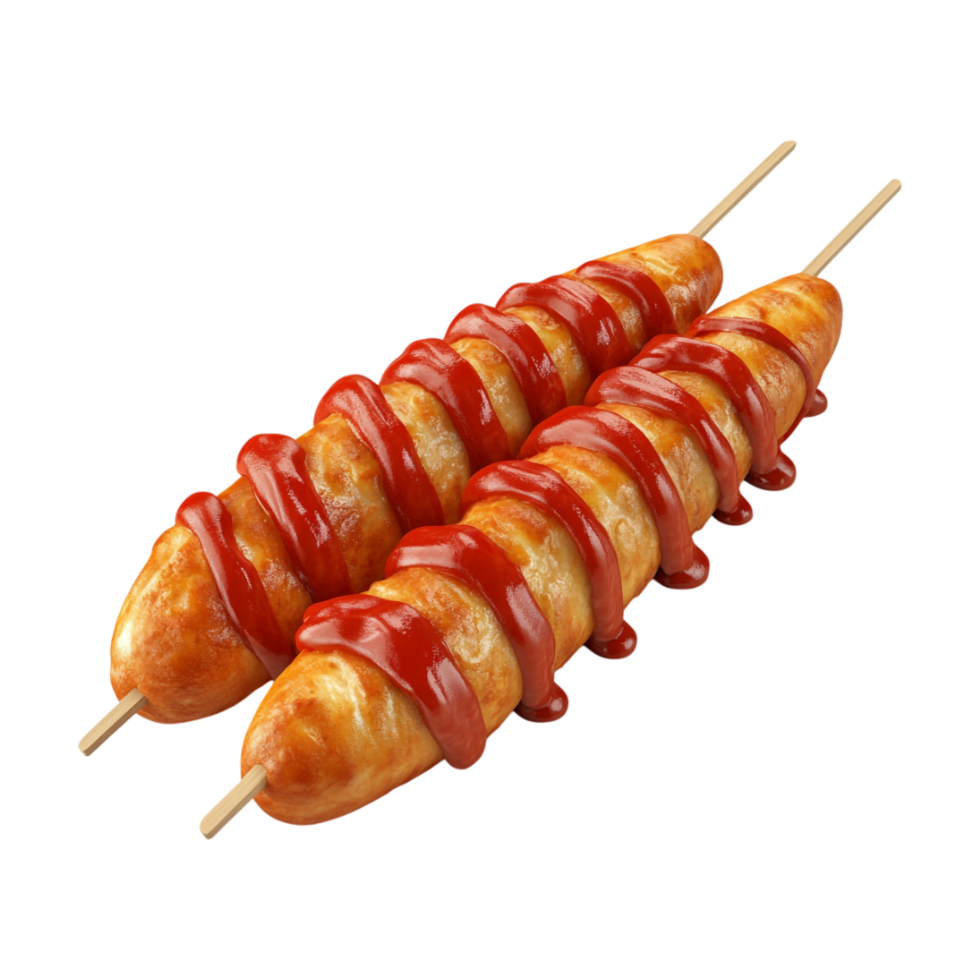 two hot dogs on skewers with ketchup on them png