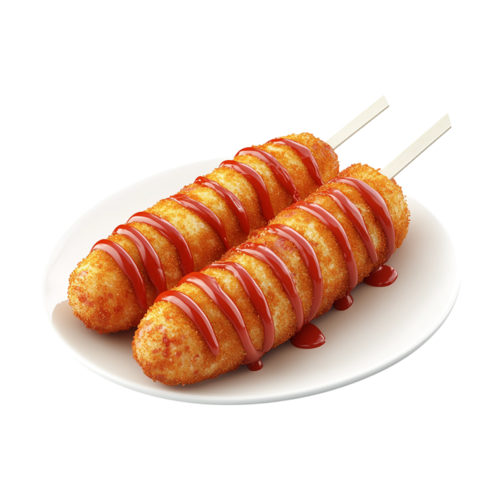 two fried chicken kabobs on a plate with ketchup png