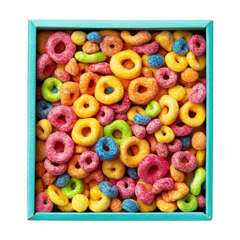 colorful cereal in a box on transparent background png