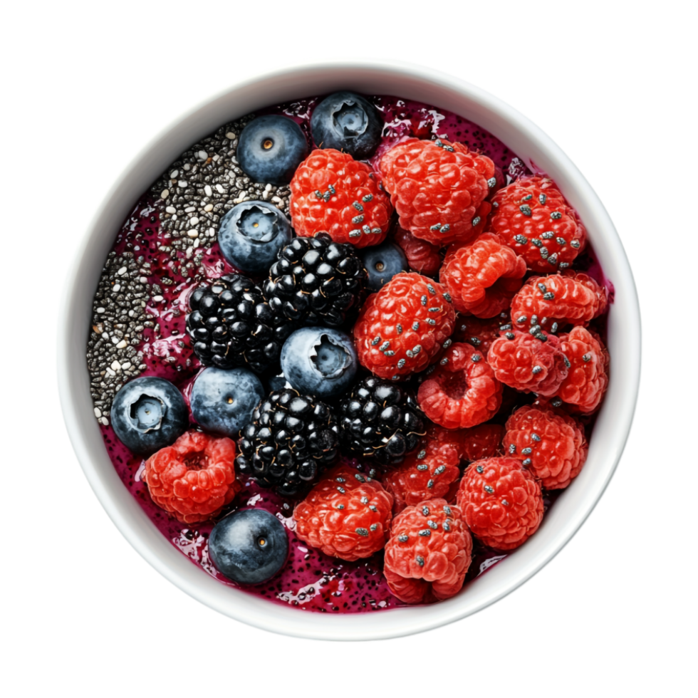chia seeds and berries in a bowl on a transparent background png