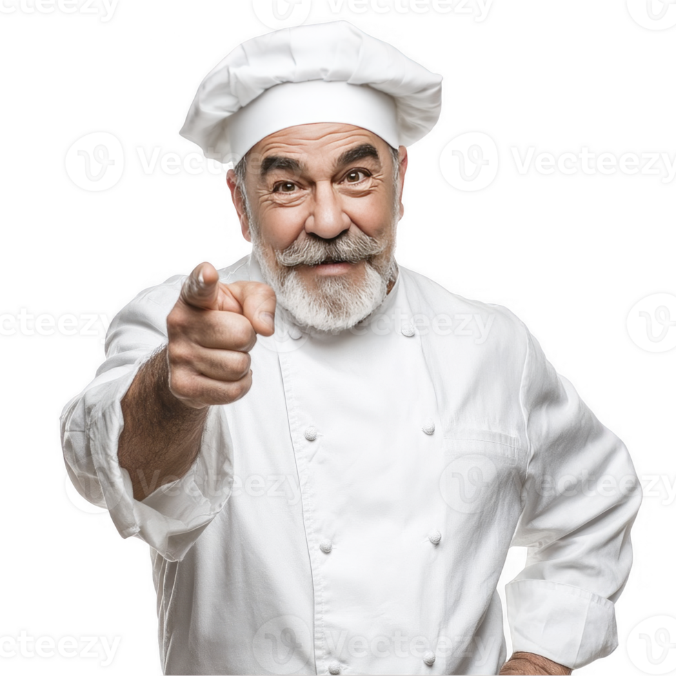 Happy elderly male chef in white uniform pointing finger isolated on transparent background png