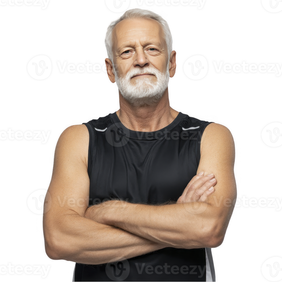 Muscular senior man in black sleeveless shirt with crossed arms isolated on transparent background png