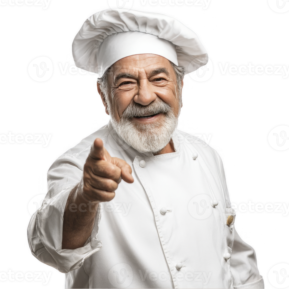 Senior chef in white uniform smiling and pointing at camera isolated on transparent background png