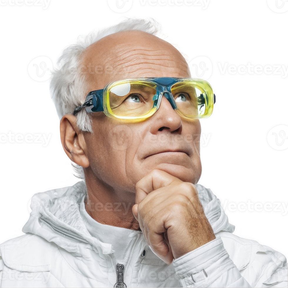 Elderly man in scarf and blue glasses looking sideways isolated on transparent background png