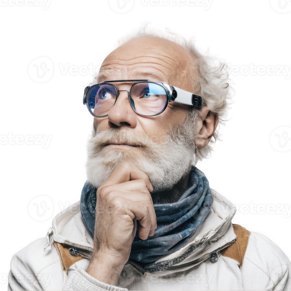 Stylish elderly man in glasses thinking with hand on chin isolated on transparent background png