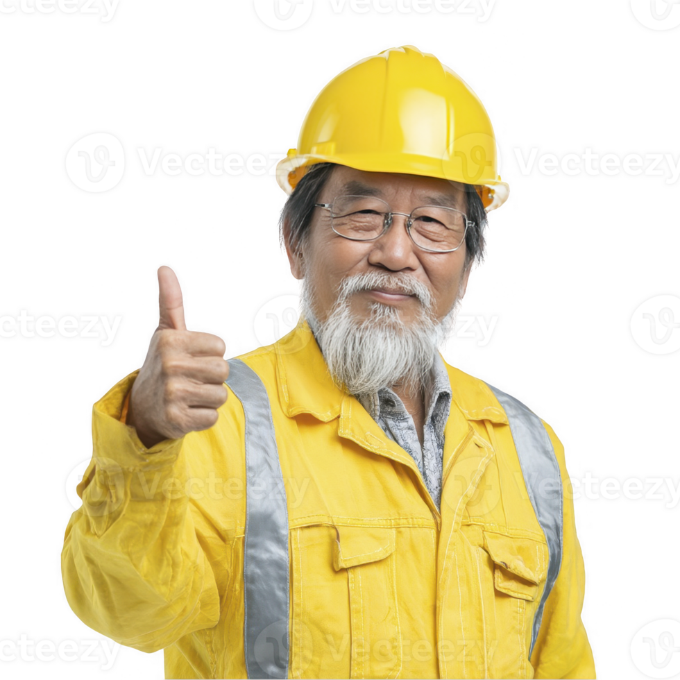 Smiling senior construction worker in yellow helmet giving thumbs up isolated on transparent background png