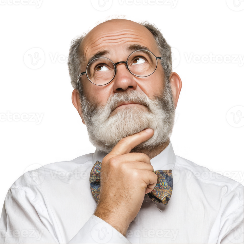 Bald old man with big glasses in thinking pose isolated on transparent background png