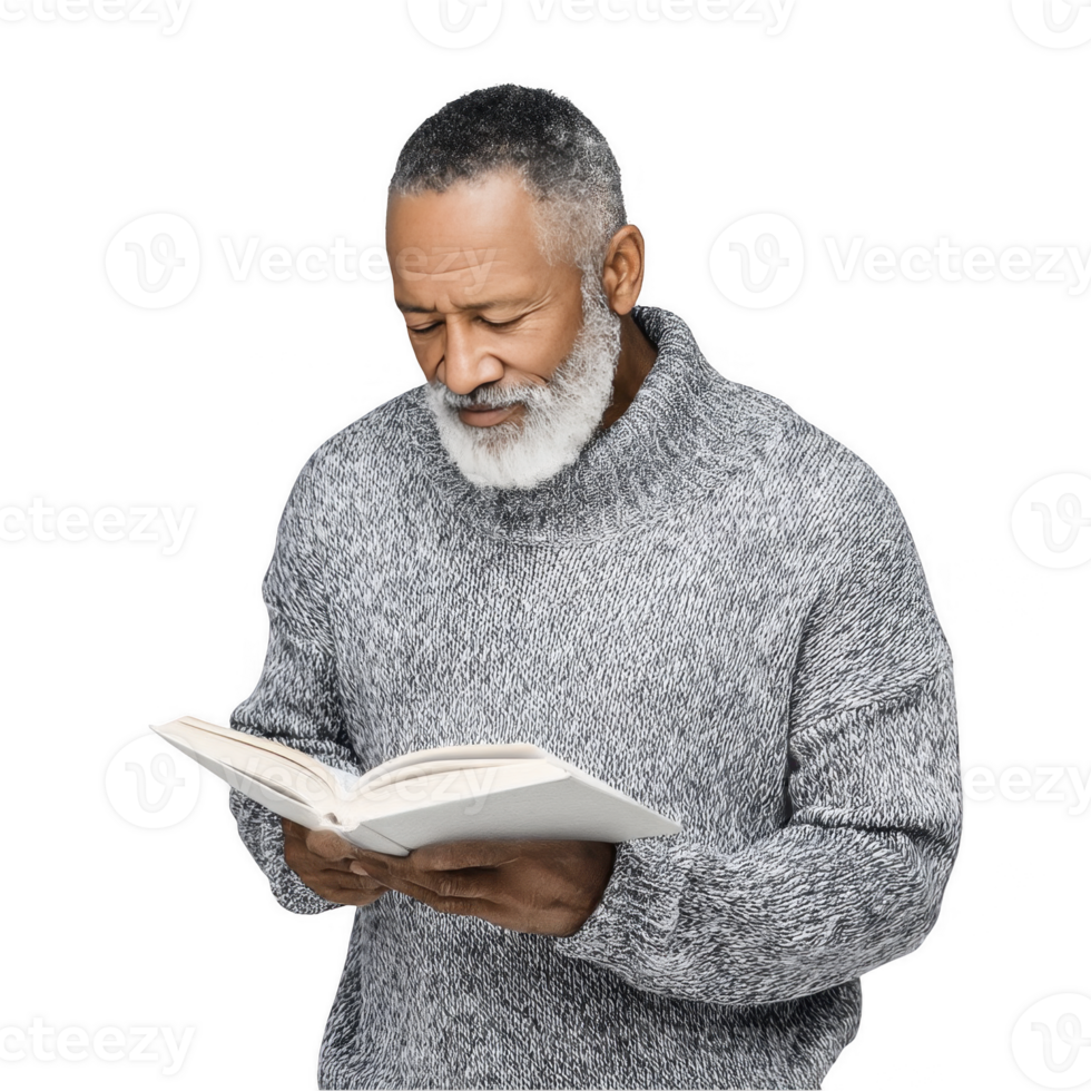 Mature man in grey sweater reading book with serious expression isolated on transparent background png