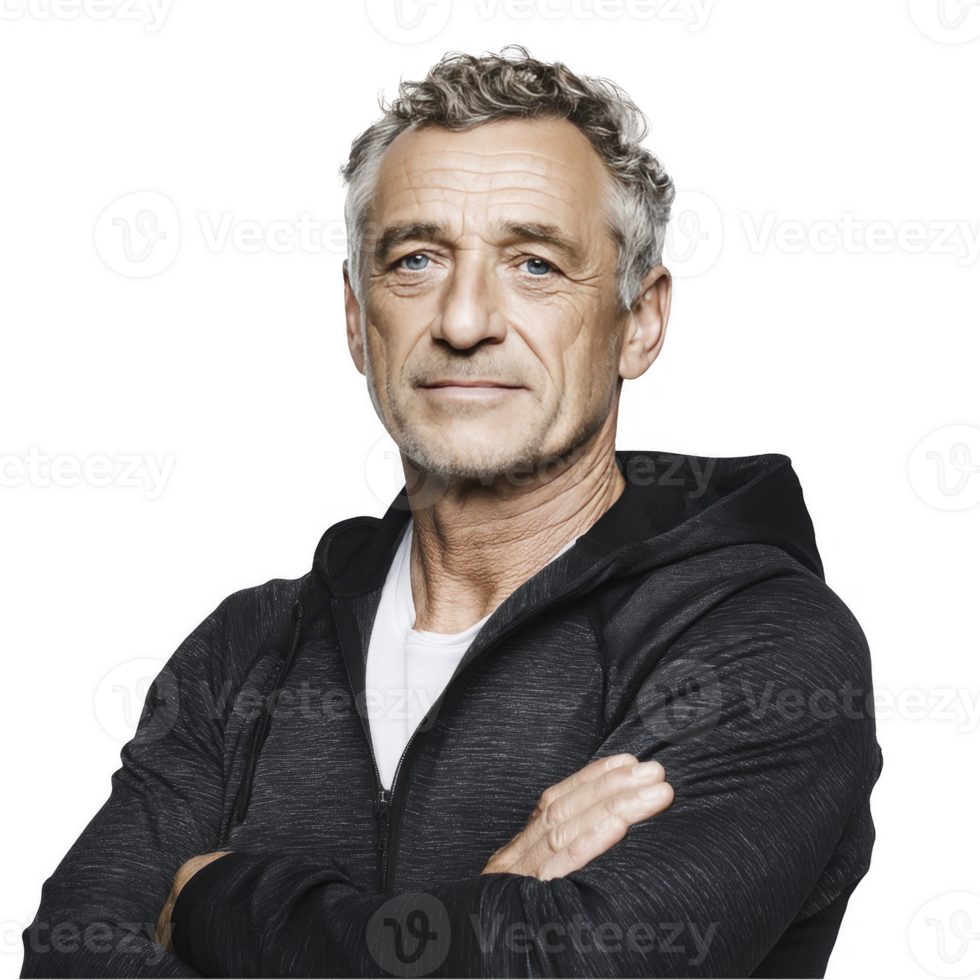 Smiling mature man in zipped black hoodie with arms folded isolated on transparent background png