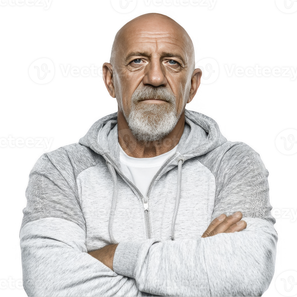 Relaxed old man in light grey hoodie crossing arms isolated on transparent background png