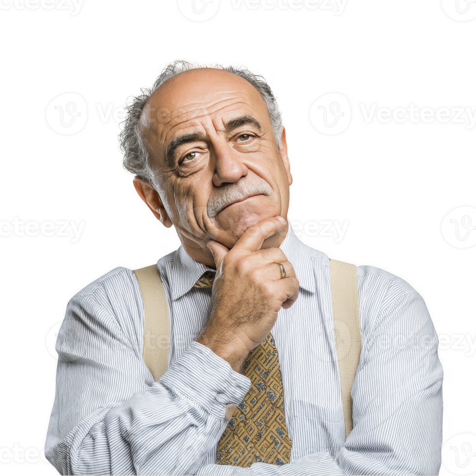 Pensive senior man in suspenders and striped shirt thinking pose isolated on transparent background png