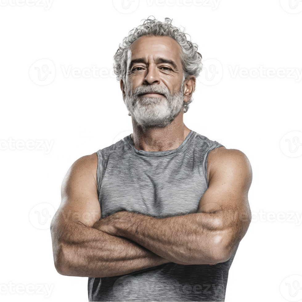 Muscular old man in sleeveless grey vest standing confidently isolated on transparent background png