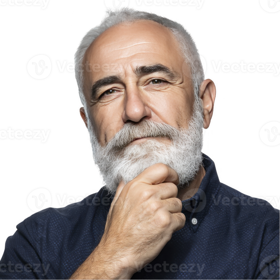 Wise elderly man in navy shirt with beard and hand on chin isolated on transparent background png