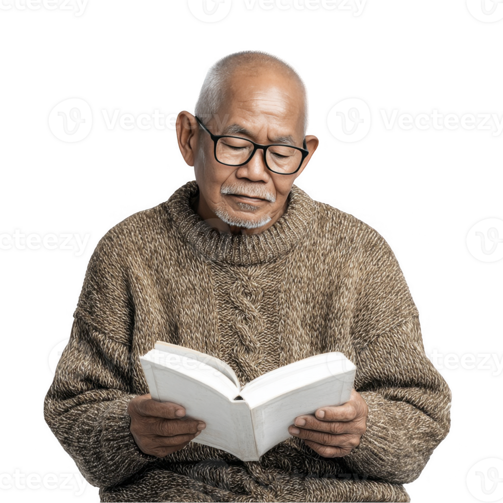 Old man reading a book in cozy brown sweater isolated on transparent background png