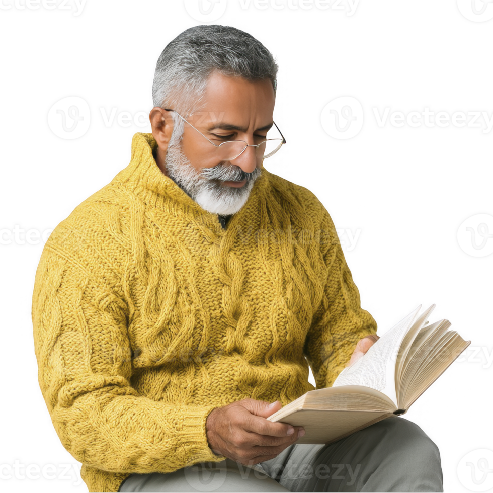 Stylish old man in yellow sweater reading a book isolated on transparent background png