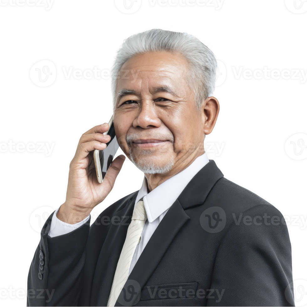 Senior businessman in black suit talking on mobile phone isolated on transparent background png