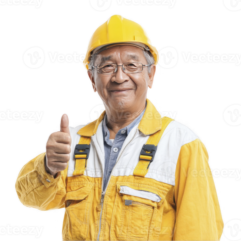 Happy elderly builder in yellow vest and helmet showing thumbs up isolated on transparent background png
