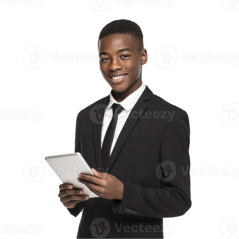Young black businessman in formal suit holding paper isolated on transparent background png