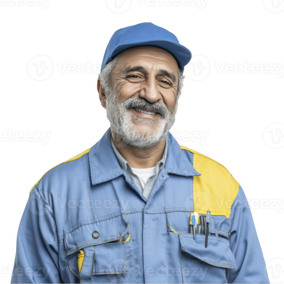 Smiling mature indian mechanic in blue jumpsuit with cap isolated on transparent background png