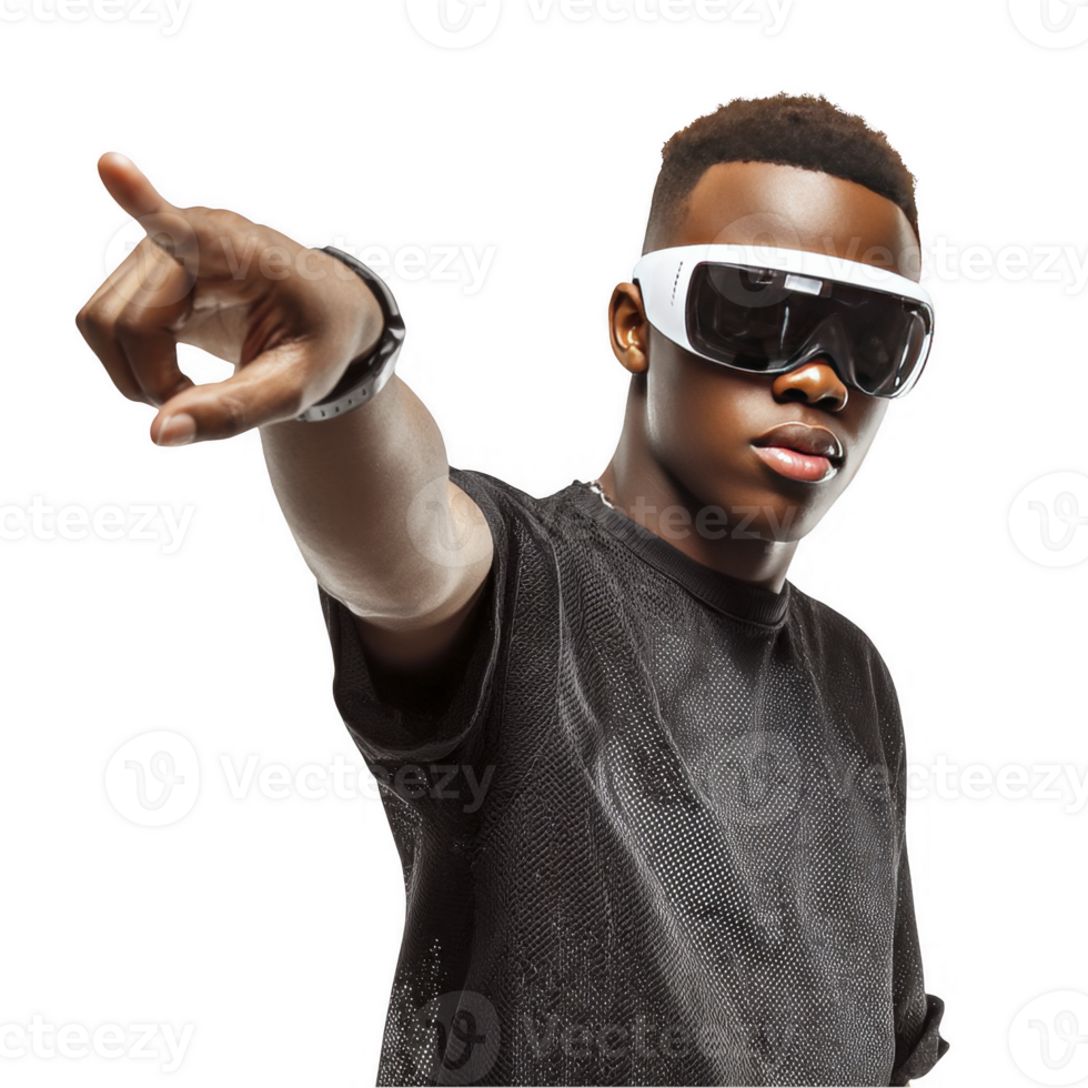 Young african stylish black boy in sunglasses pointing at camera isolated on transparent background png
