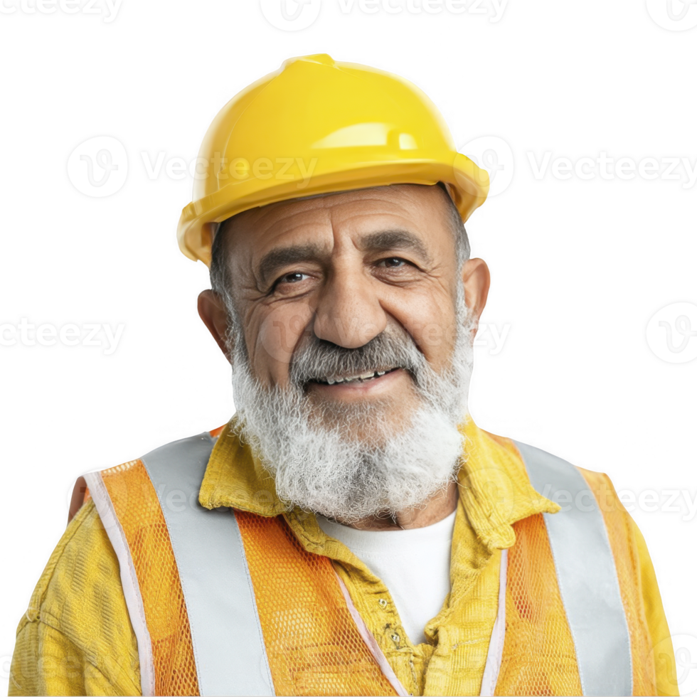 Cheerful senior construction worker in yellow helmet smiling isolated on transparent background png