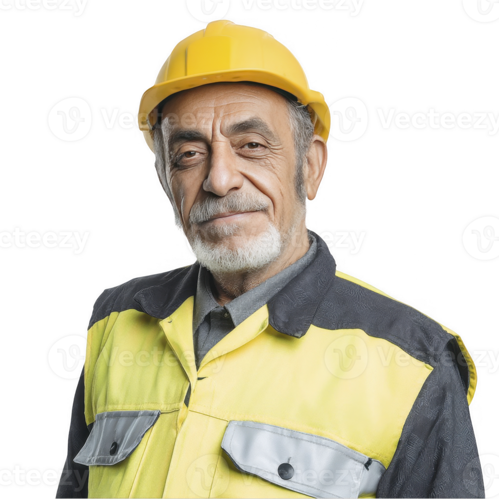 Confident old engineer in safety jacket and yellow helmet isolated on transparent background png