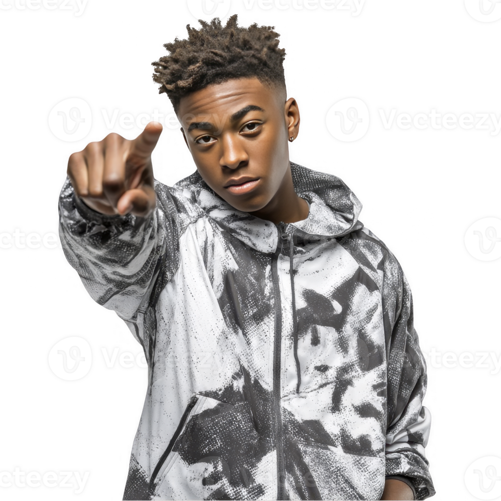 African Teen boy in black and white jacket pointing with cool expression isolated on transparent background png