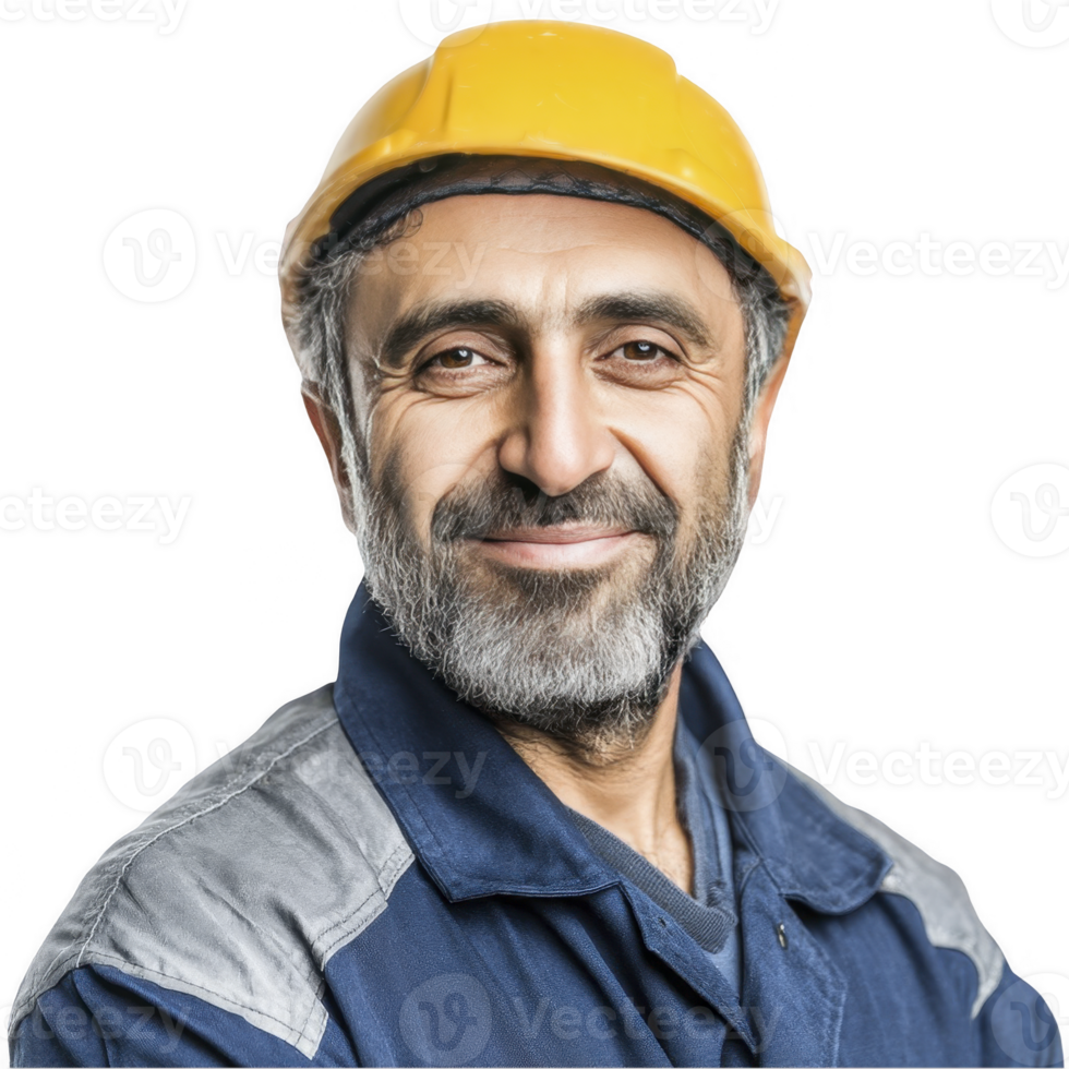 Senior engineer in blue uniform with yellow helmet smiling isolated on transparent background png