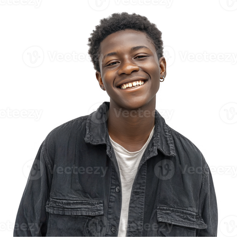Laughing african teenage boy in dark shirt looking joyful isolated on transparent background png