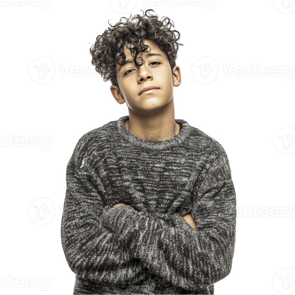 Curly haired teen boy in grey sweater smiling and posing confidently isolated on transparent background png
