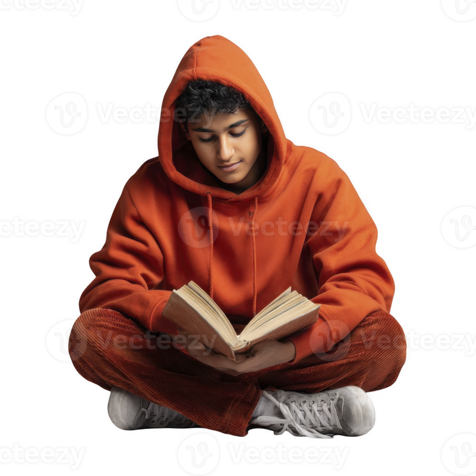 Boy in red hoodie reading a book sitting with serious focus isolated on transparent background png