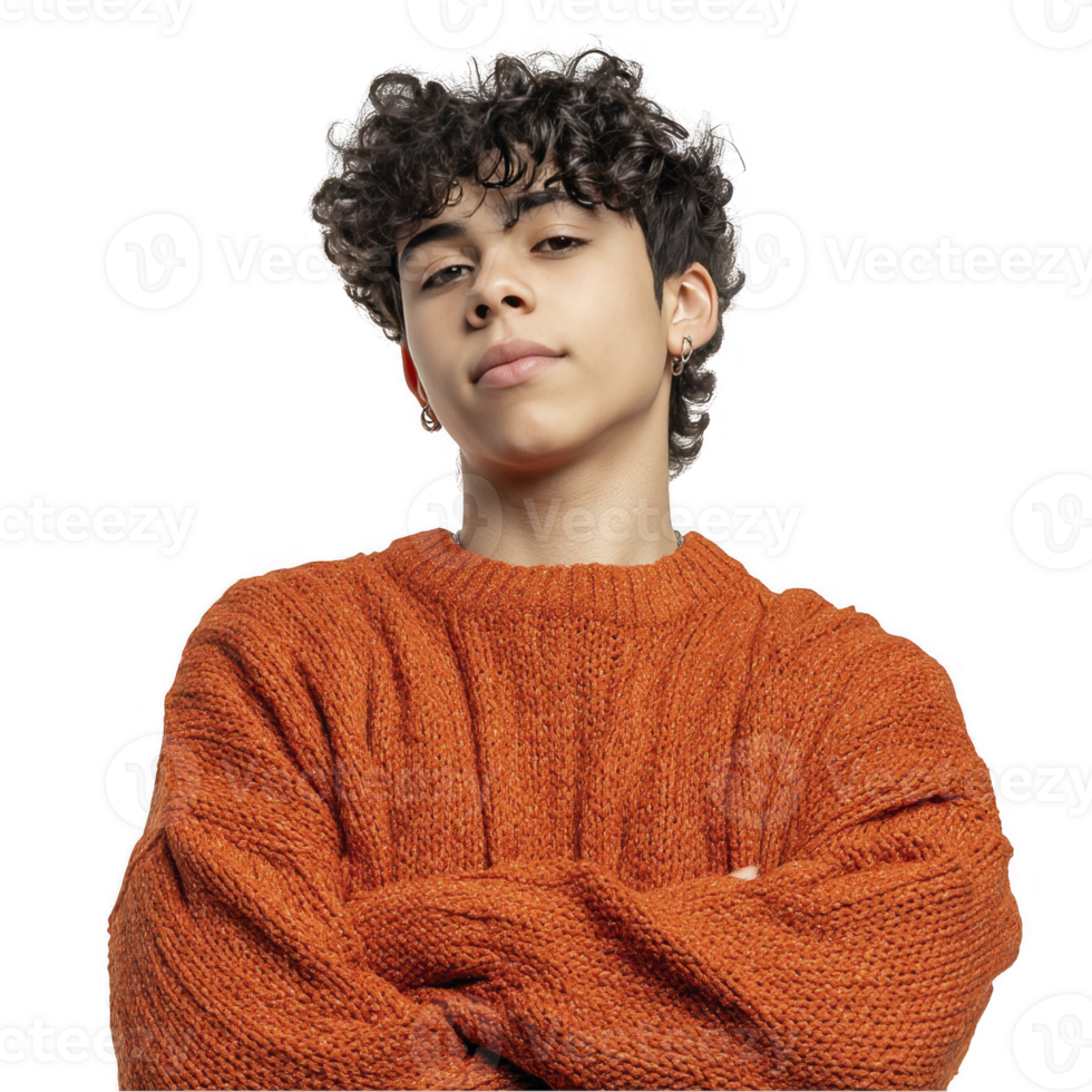 Teenage boy in fuzzy orange sweater smiling casually isolated on transparent background png
