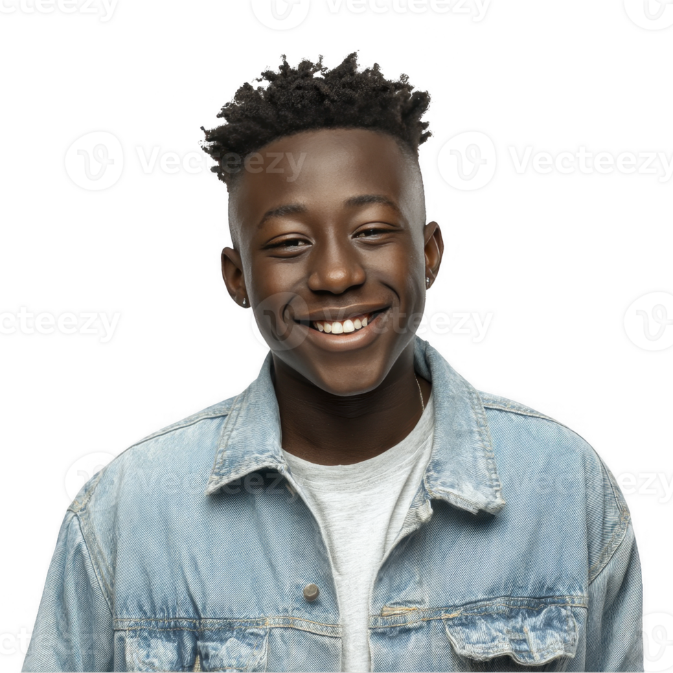 Young african boy in denim jacket smiling confidently isolated on transparent background png