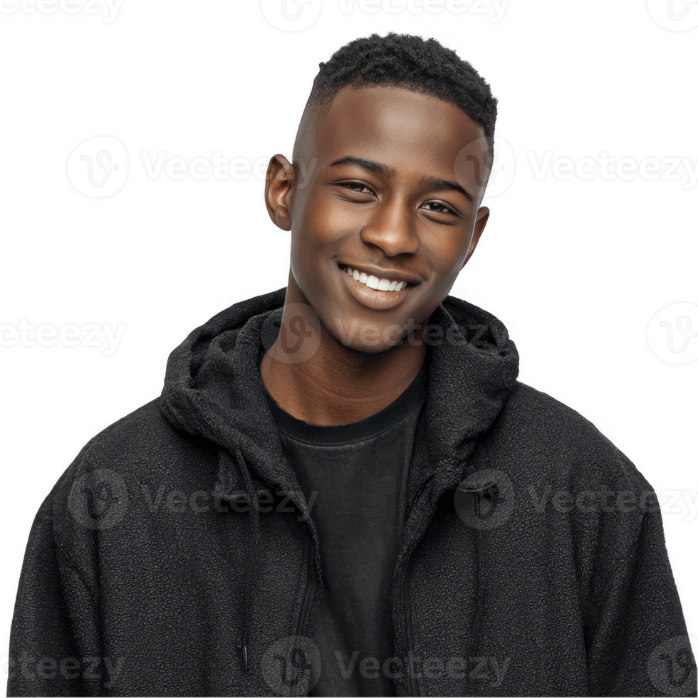 Young black teenager in dark hoodie smiling casually isolated on transparent background png