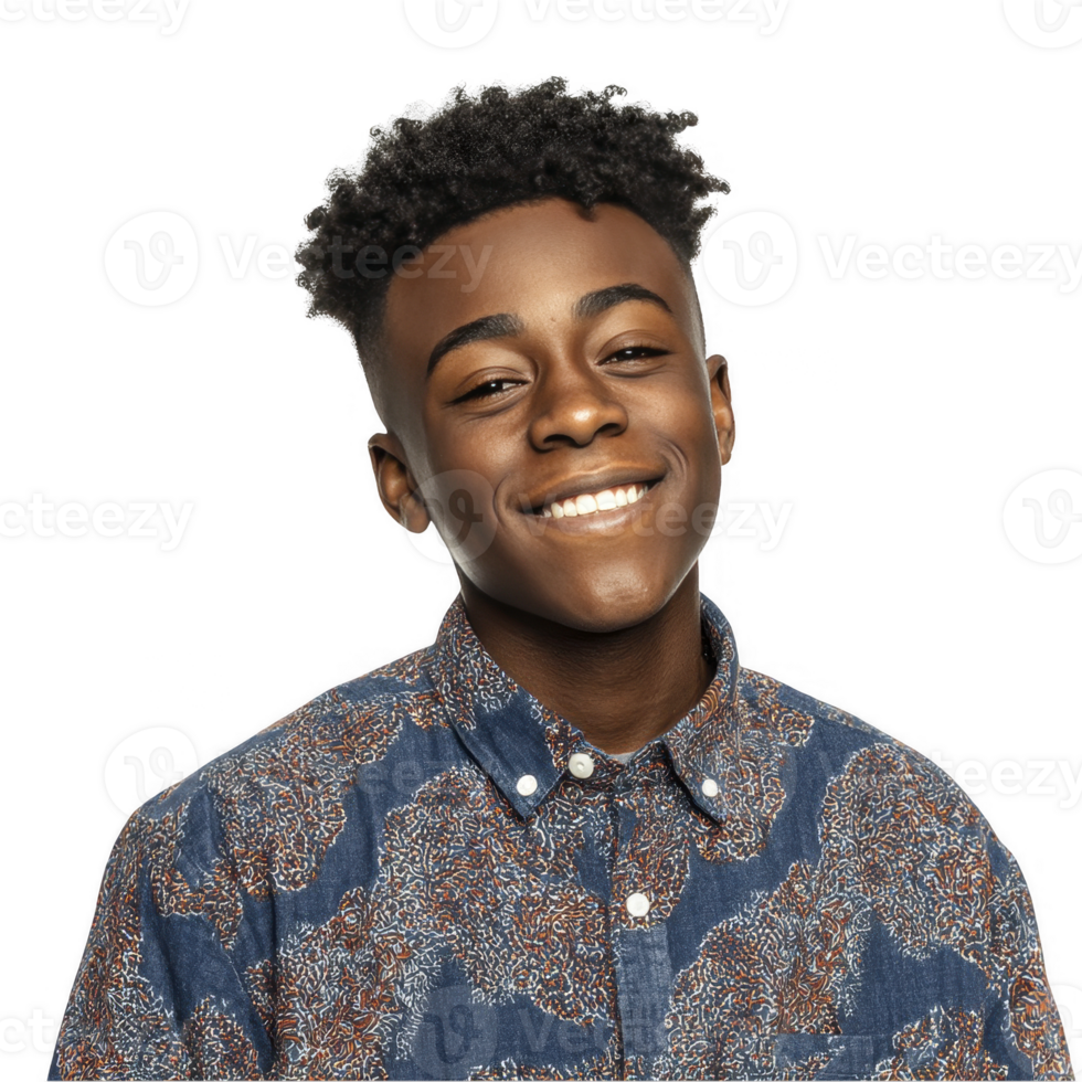 Smiling african teenage boy in floral shirt isolated on transparent background png