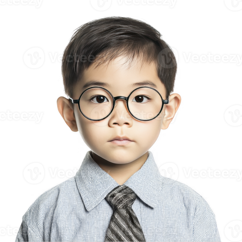 Smart young boy with round glasses looking serious in formal shirt isolated on transparent background png