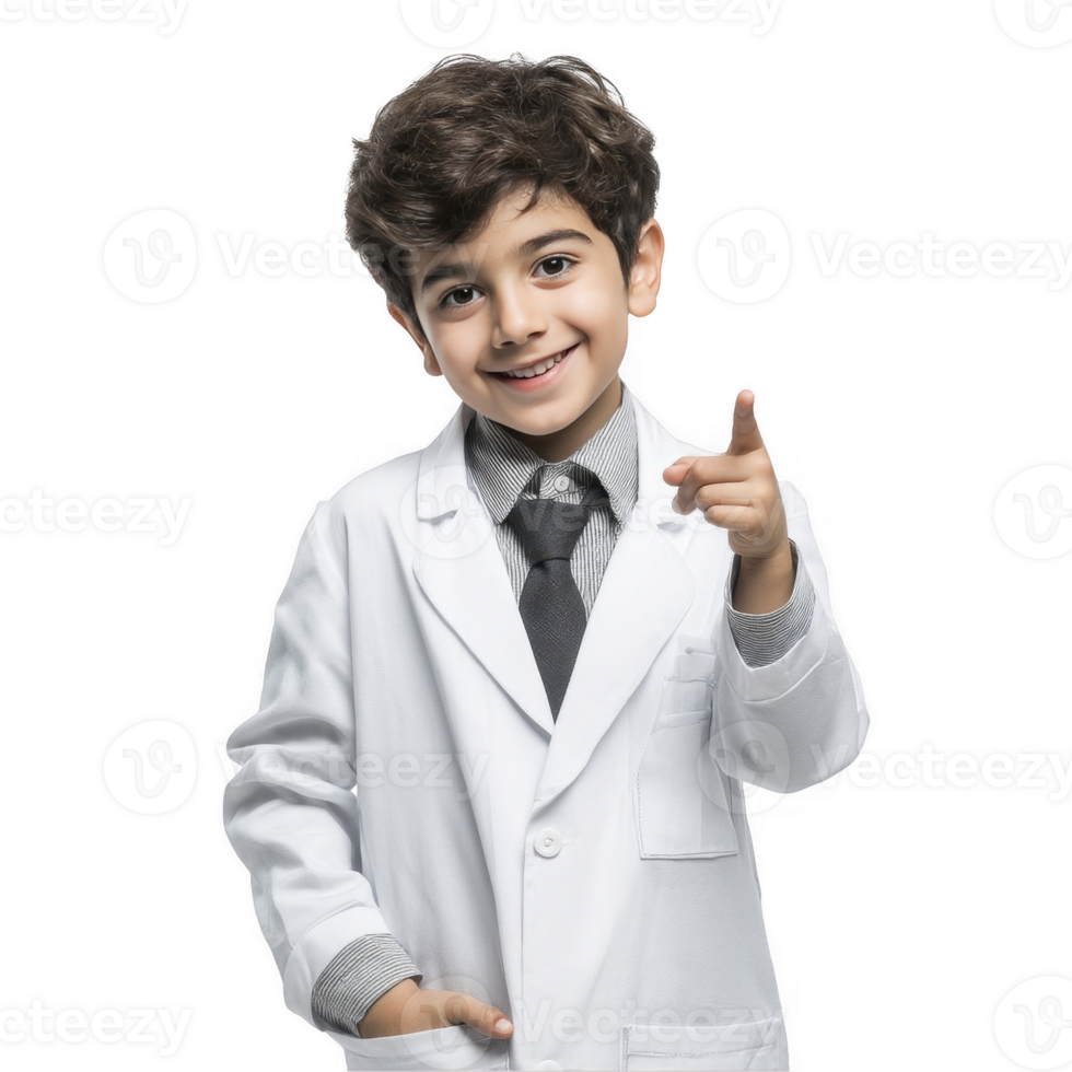 Happy little boy in doctor costume pointing forward with joyful smile isolated on transparent background png
