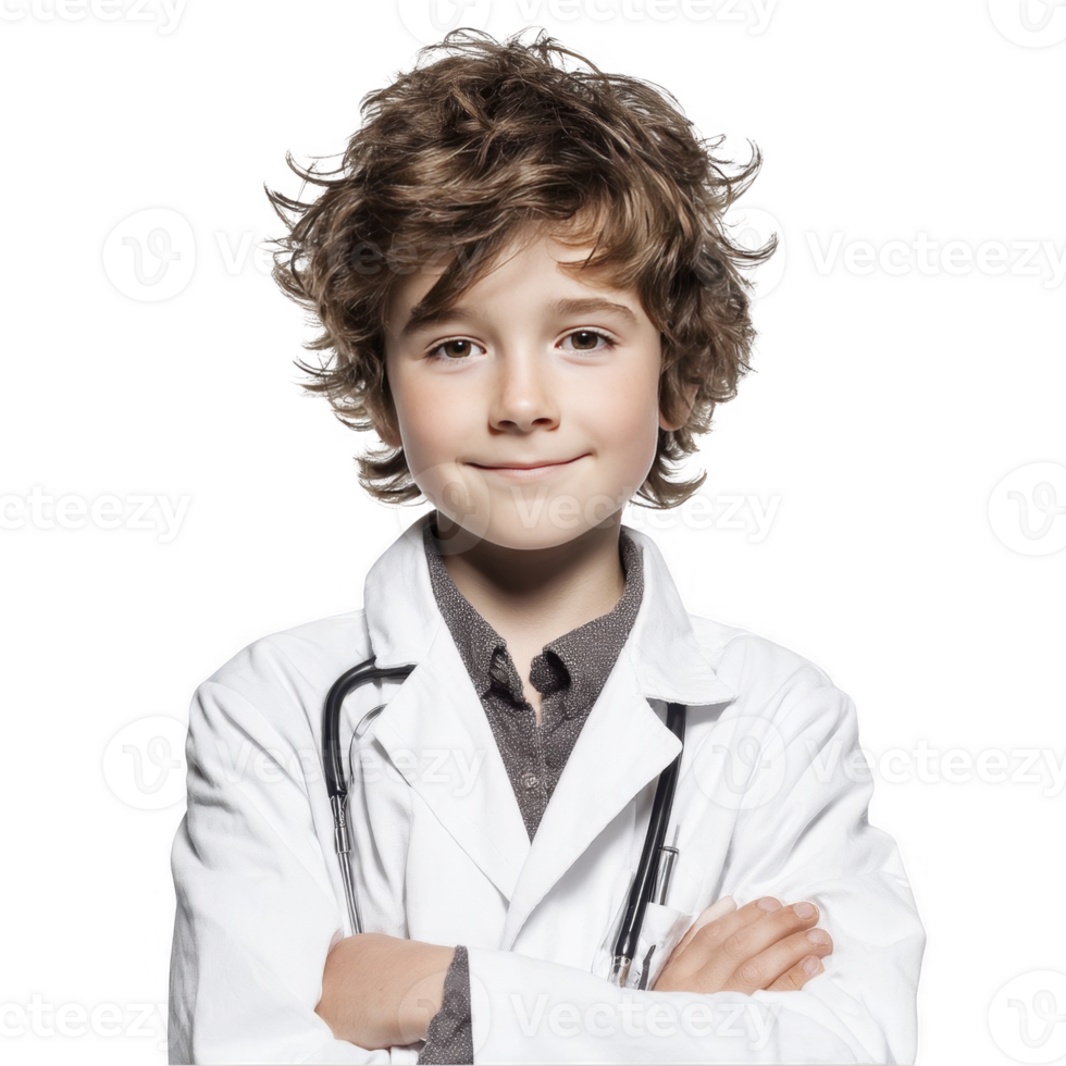 Smiling kid in white coat with stethoscope posing confidently isolated on transparent background png